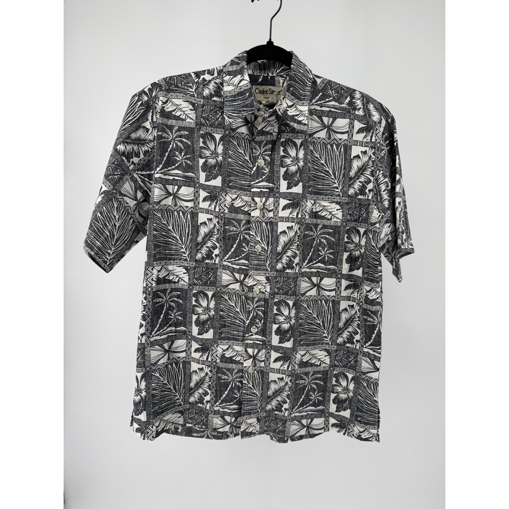 Cooke Street Honolulu Mens Hawaiian Shirt Black White Tropical Palm Hibiscus S